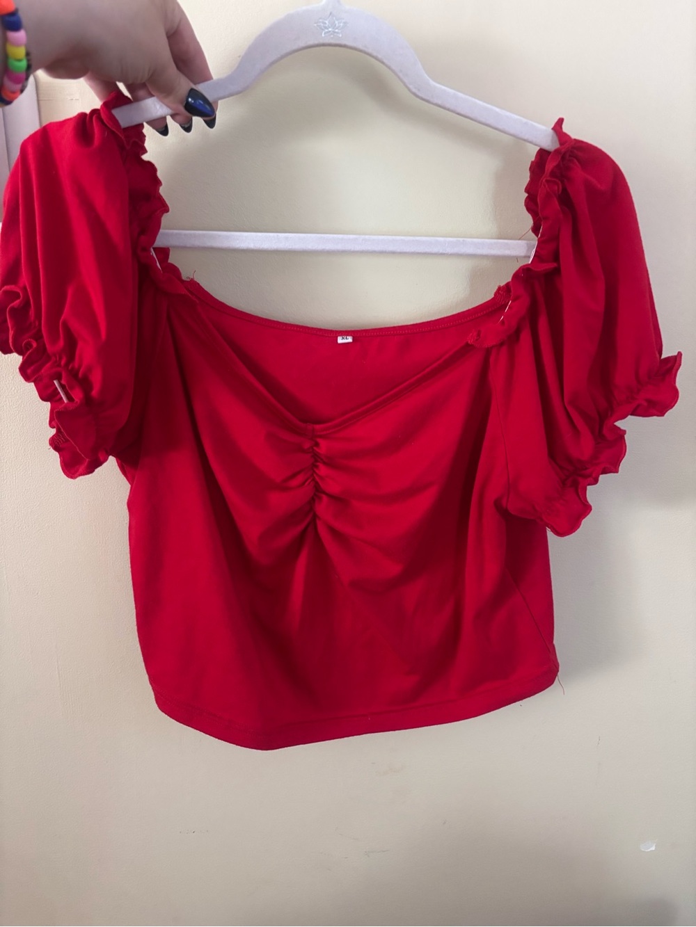 Red Ruched Puff-Sleeve Square-Neck Blouse